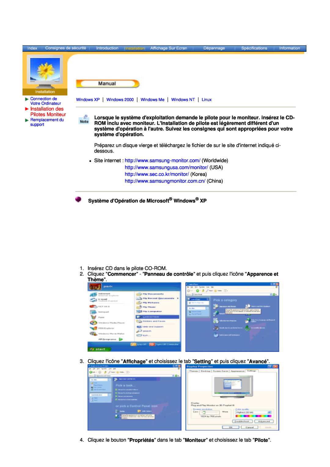 Samsung V, 153S manual Système dOpération de Microsoft Windows XP, Installation des Pilotes Moniteur 