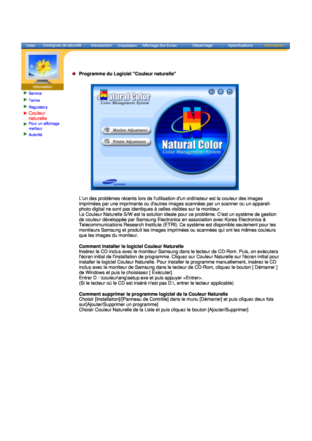 Samsung 153S, V manual Programme du Logiciel Couleur naturelle, Comment installer le logiciel Couleur Naturelle 