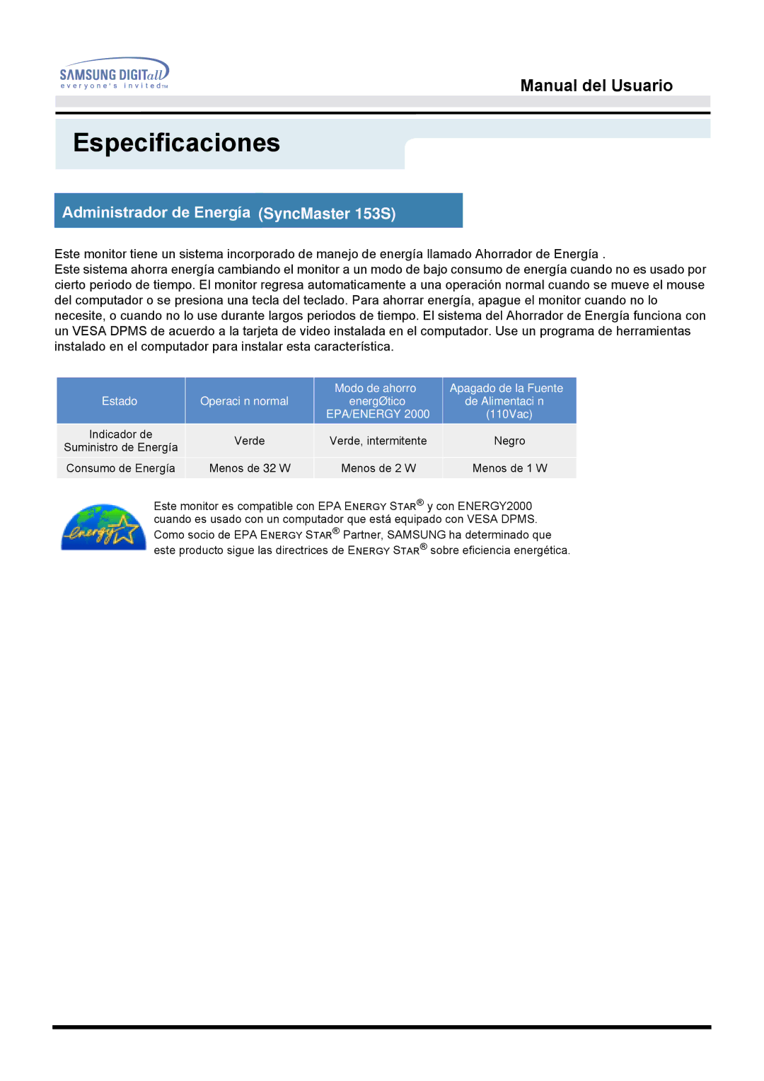 Samsung manual Administrador de Energía SyncMaster 153S, Epa/Energy 