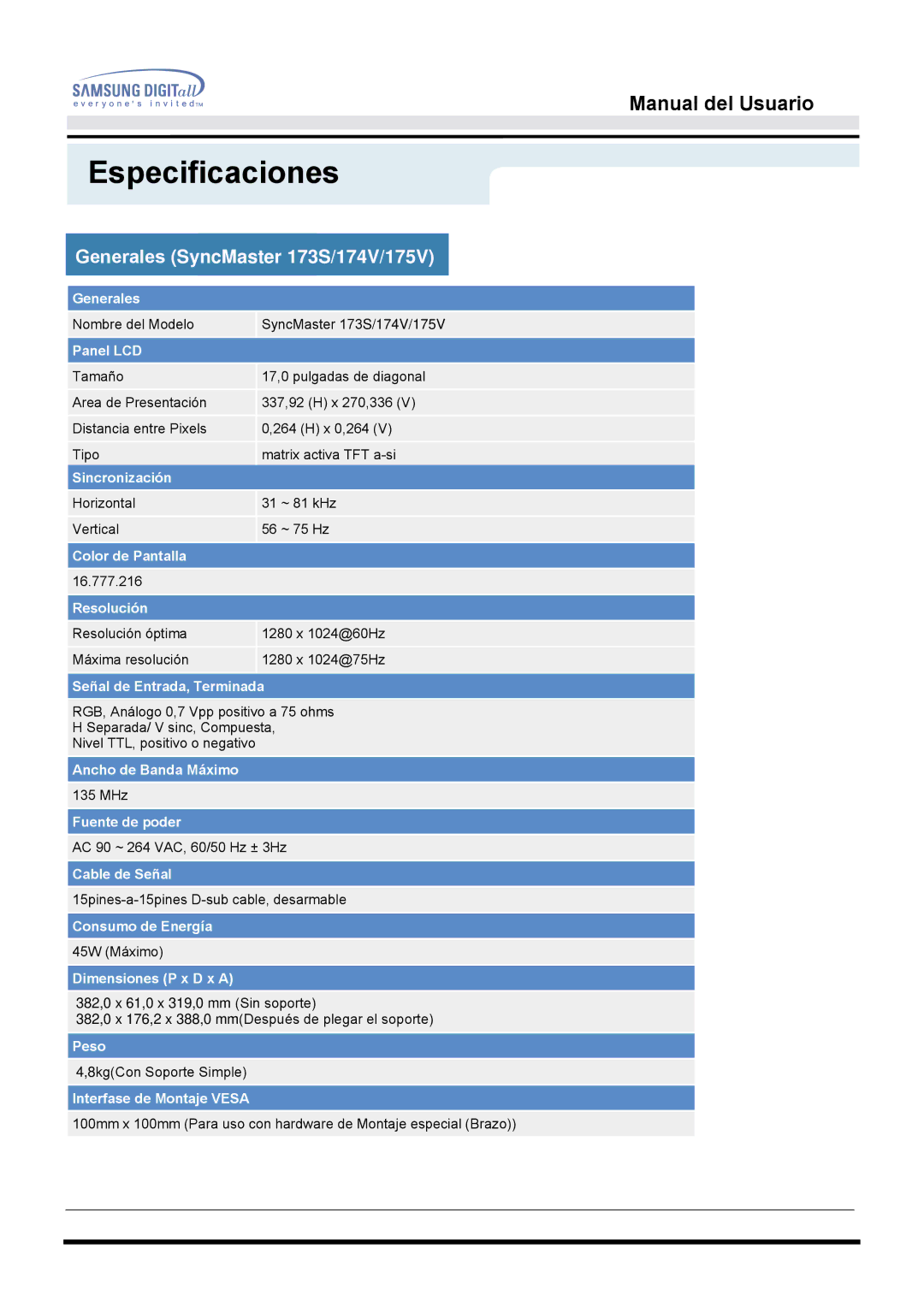 Samsung 153S manual Generales SyncMaster 173S/174V/175V 