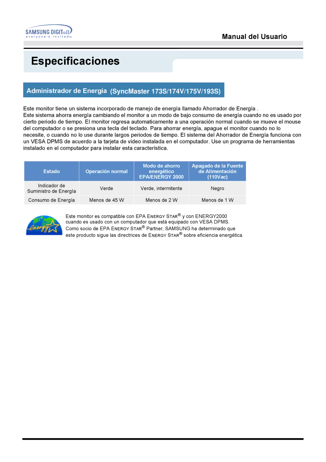 Samsung 153S manual Administrador de Energía SyncMaster 173S/174V/175V/193S 