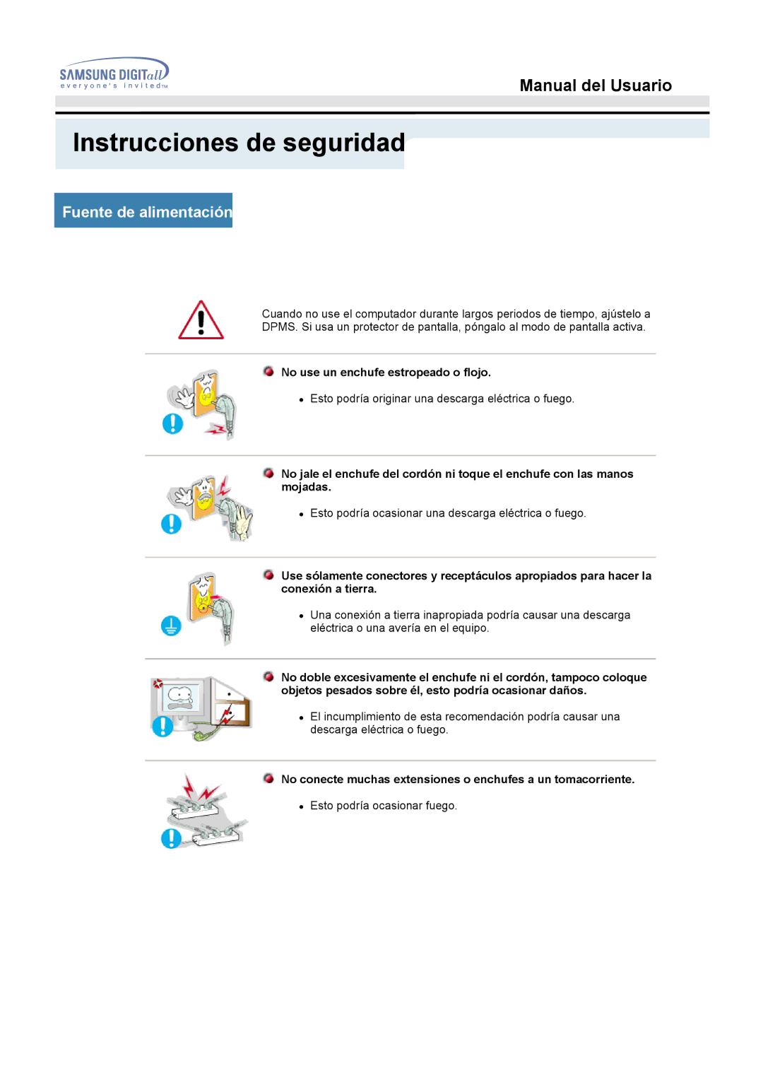 Samsung 153S manual Fuente de alimentación, No use un enchufe estropeado o flojo 