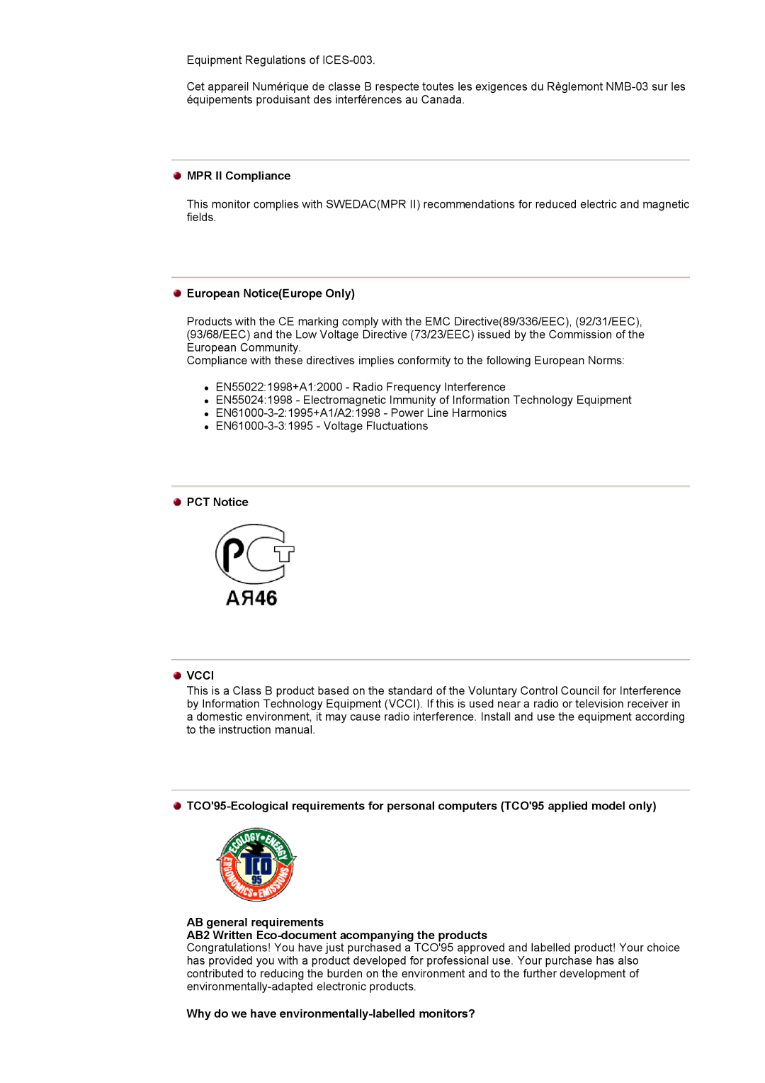 Samsung 153S MPR II Compliance, European NoticeEurope Only, PCT Notice, Why do we have environmentally-labelled monitors? 