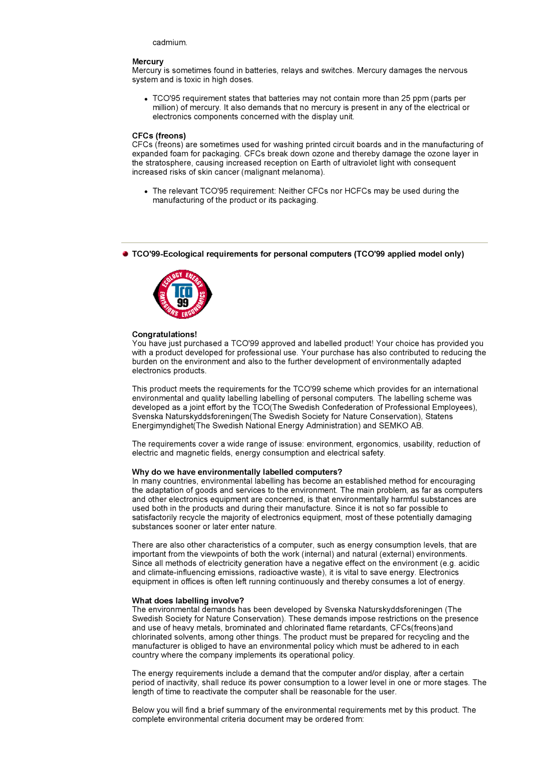 Samsung 153S manual Mercury, CFCs freons, Why do we have environmentally labelled computers? 