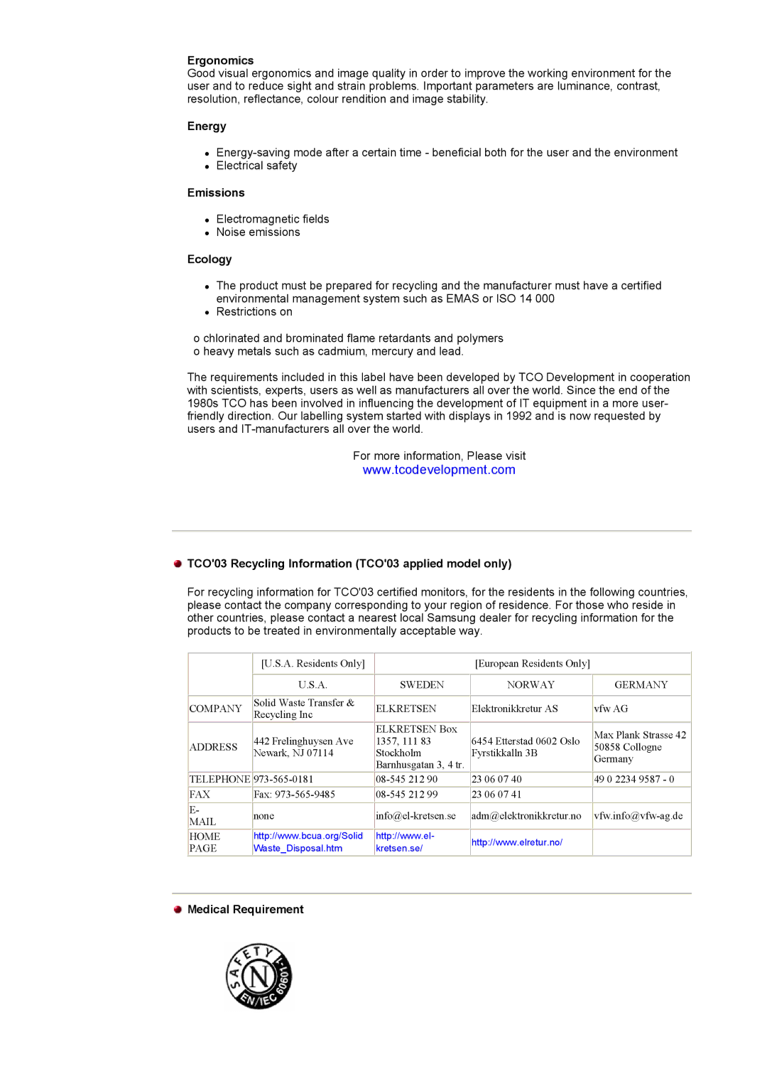 Samsung 153S manual Ergonomics, Energy, Emissions, Ecology, TCO03 Recycling Information TCO03 applied model only 