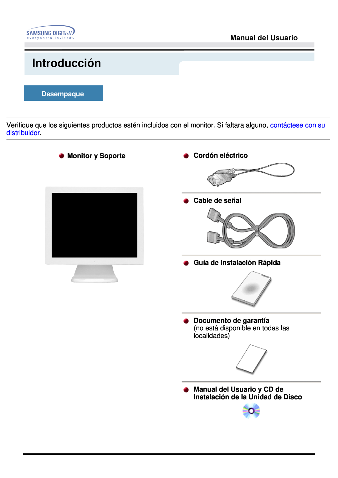 Samsung 153S Introducción, Desempaque, Monitor y Soporte, Cordón eléctrico, Cable de señal Guía de Instalación Rápida 