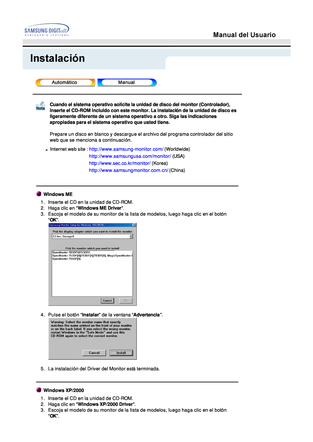 Samsung 153S manual Instalación, Manual del Usuario, Windows ME 