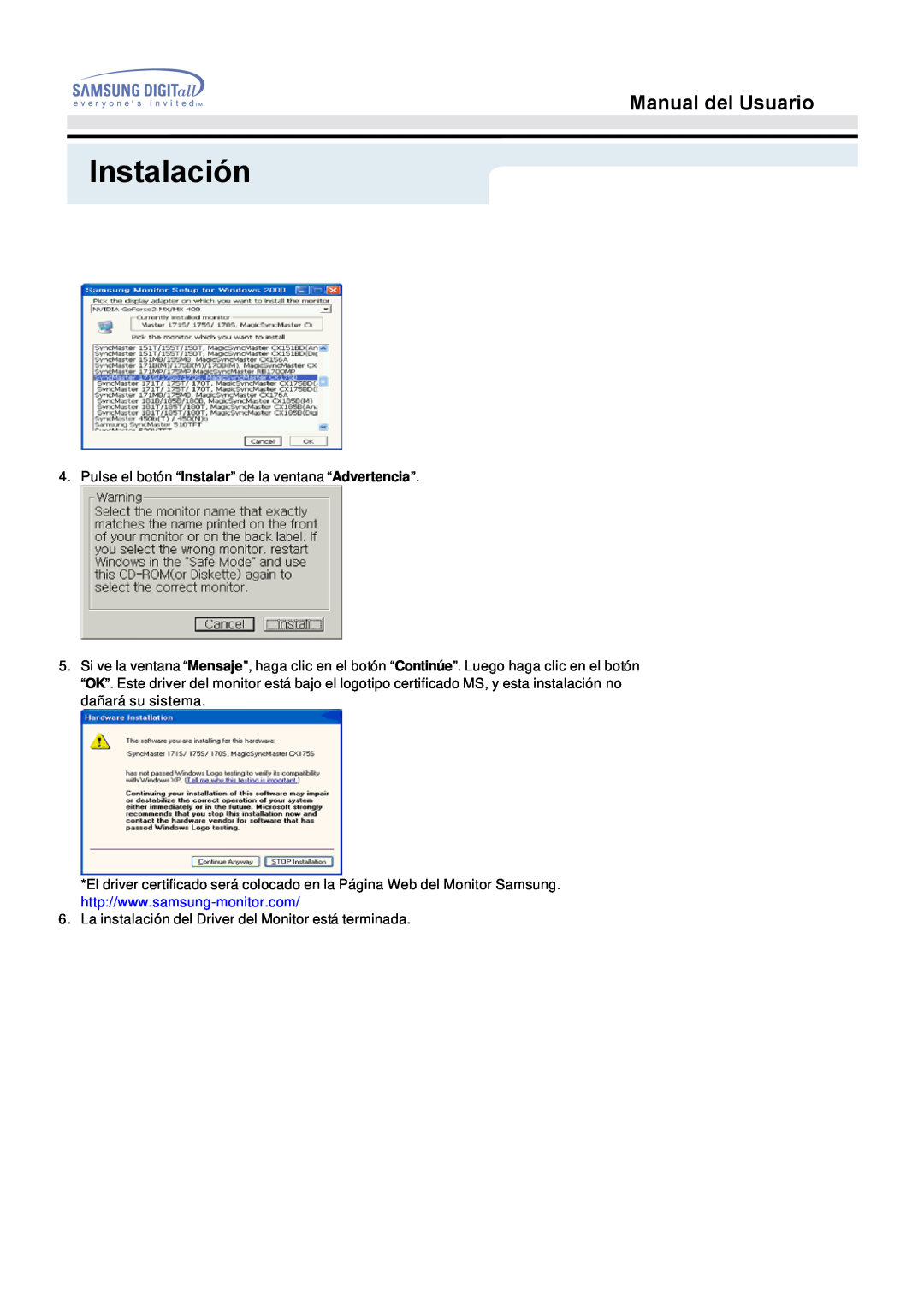 Samsung 153S manual Instalación, Manual del Usuario, Pulse el botón “Instalar” de la ventana “Advertencia” 
