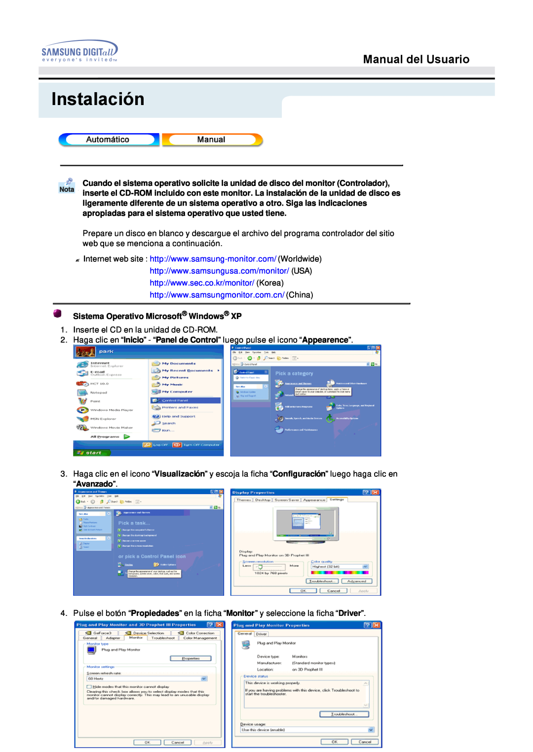 Samsung 153S manual Instalación, Manual del Usuario, Sistema Operativo Microsoft Windows XP 