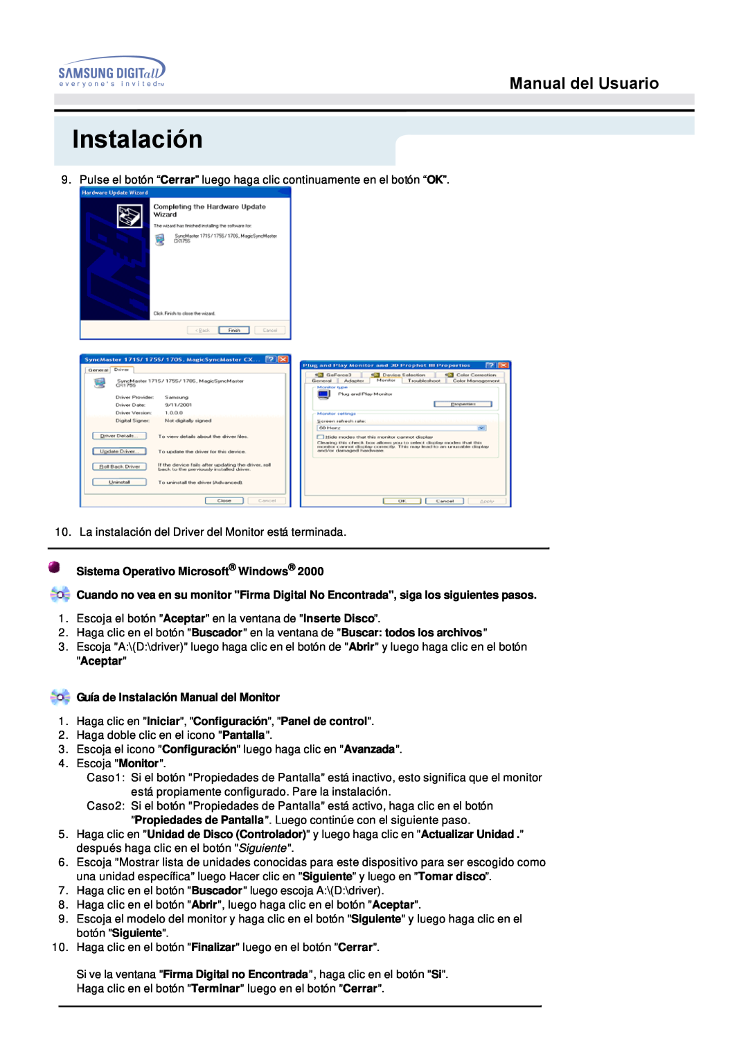 Samsung 153S manual Instalación, Manual del Usuario, Sistema Operativo Microsoft Windows 