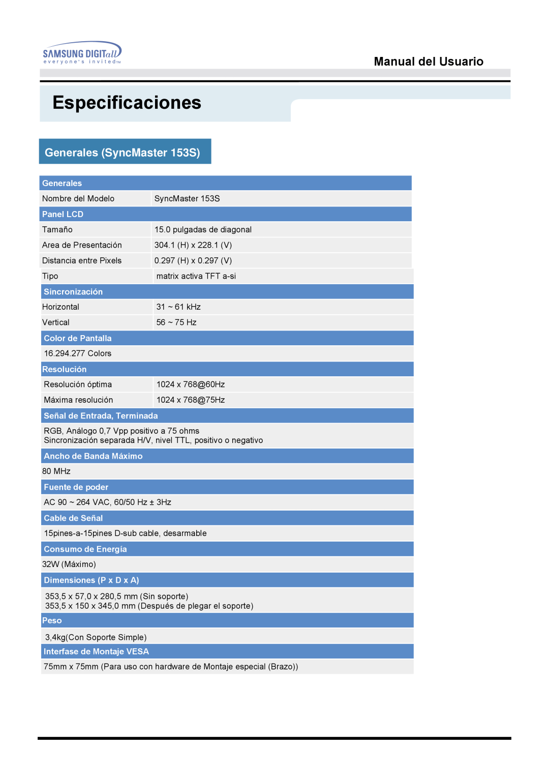 Samsung manual Especificaciones, Generales SyncMaster 153S, Manual del Usuario 