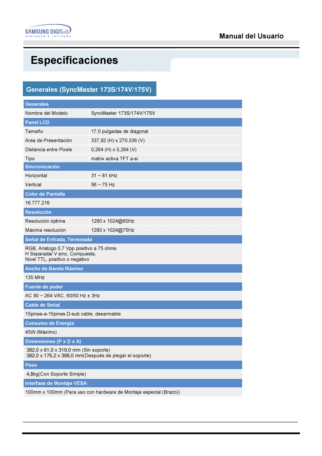 Samsung 153S manual Generales SyncMaster 173S/174V/175V, Especificaciones, Manual del Usuario 