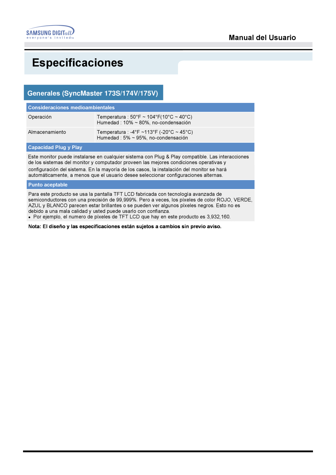 Samsung 153S manual Especificaciones, Manual del Usuario, Generales SyncMaster 173S/174V/175V, Operación 