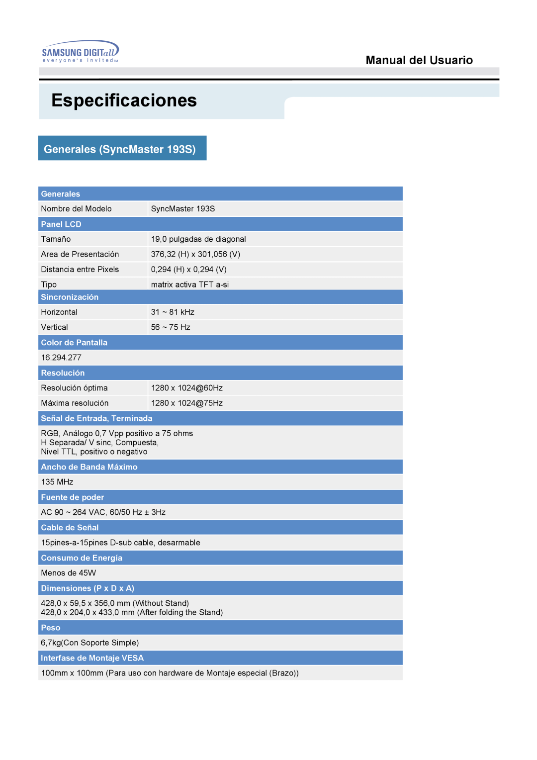 Samsung 153S manual Generales SyncMaster 193S, Especificaciones, Manual del Usuario 