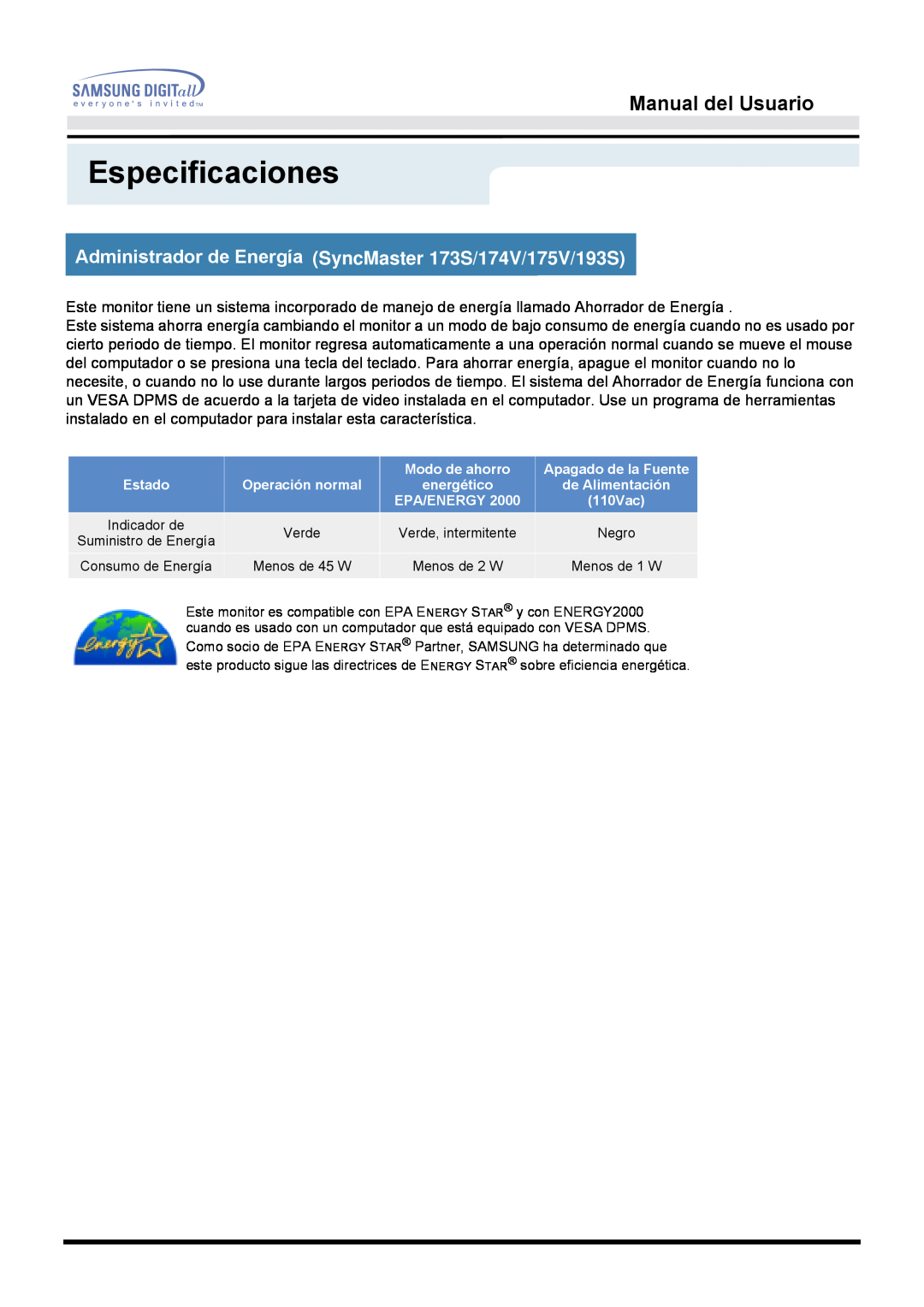 Samsung 153S manual Especificaciones, Manual del Usuario, Indicador de 