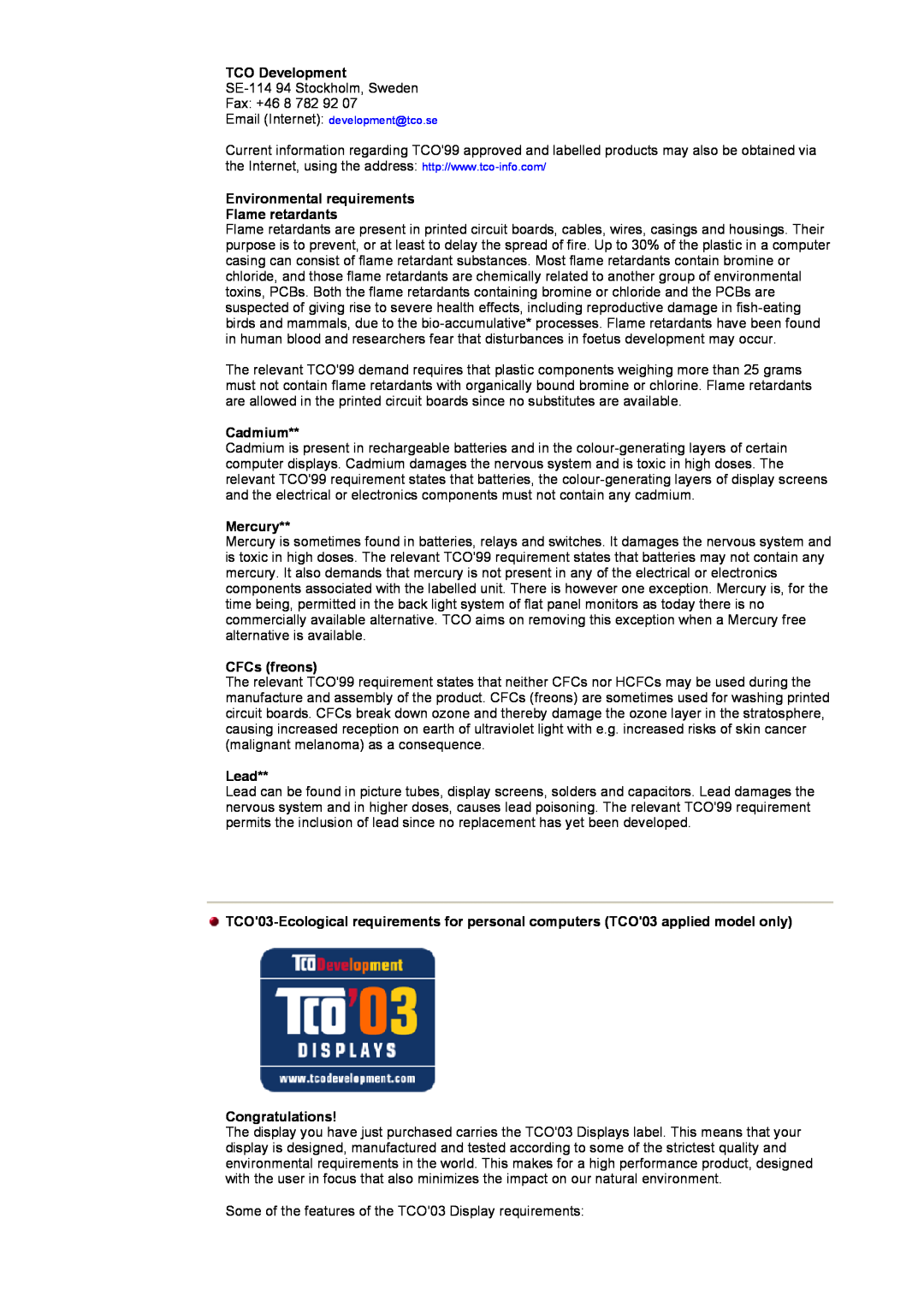 Samsung 153S manual TCO Development, Environmental requirements Flame retardants, Cadmium, Mercury, CFCs freons, Lead 