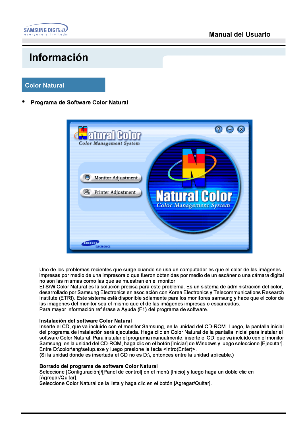 Samsung 153S manual Información, Manual del Usuario, Programa de Software Color Natural 