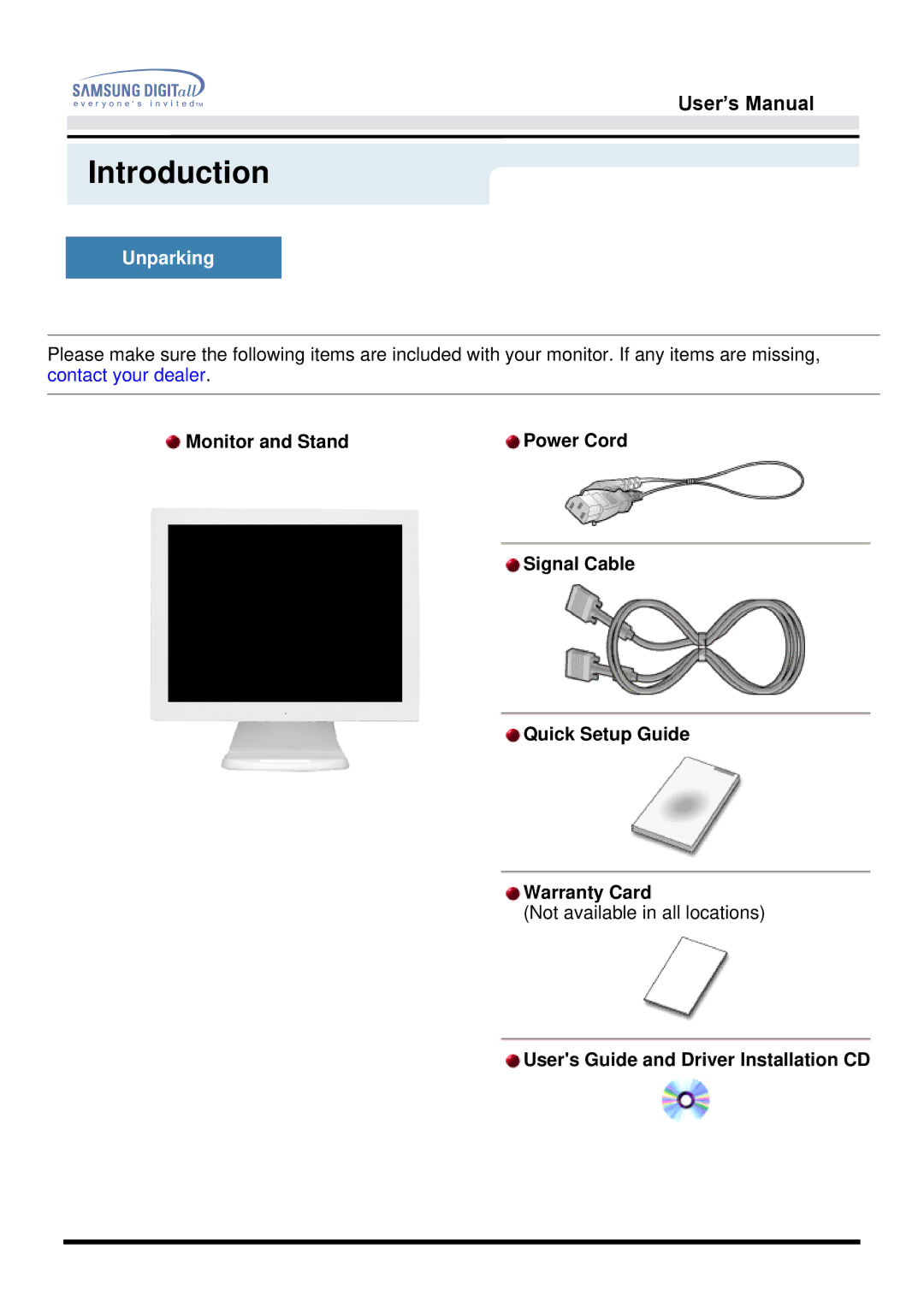 Samsung 153V manual Introduction, Unparking 