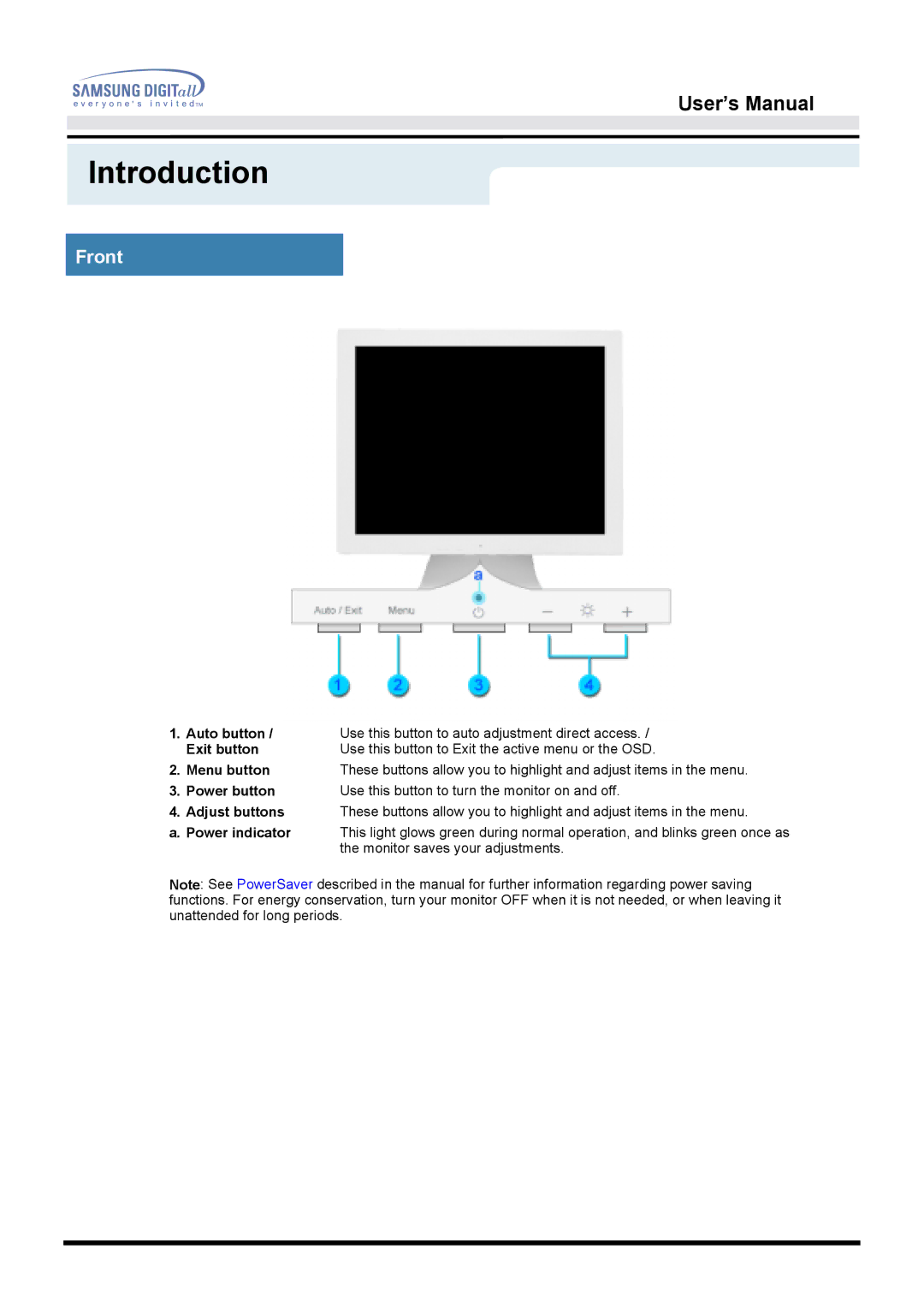 Samsung 153V manual Front, Monitor saves your adjustments 