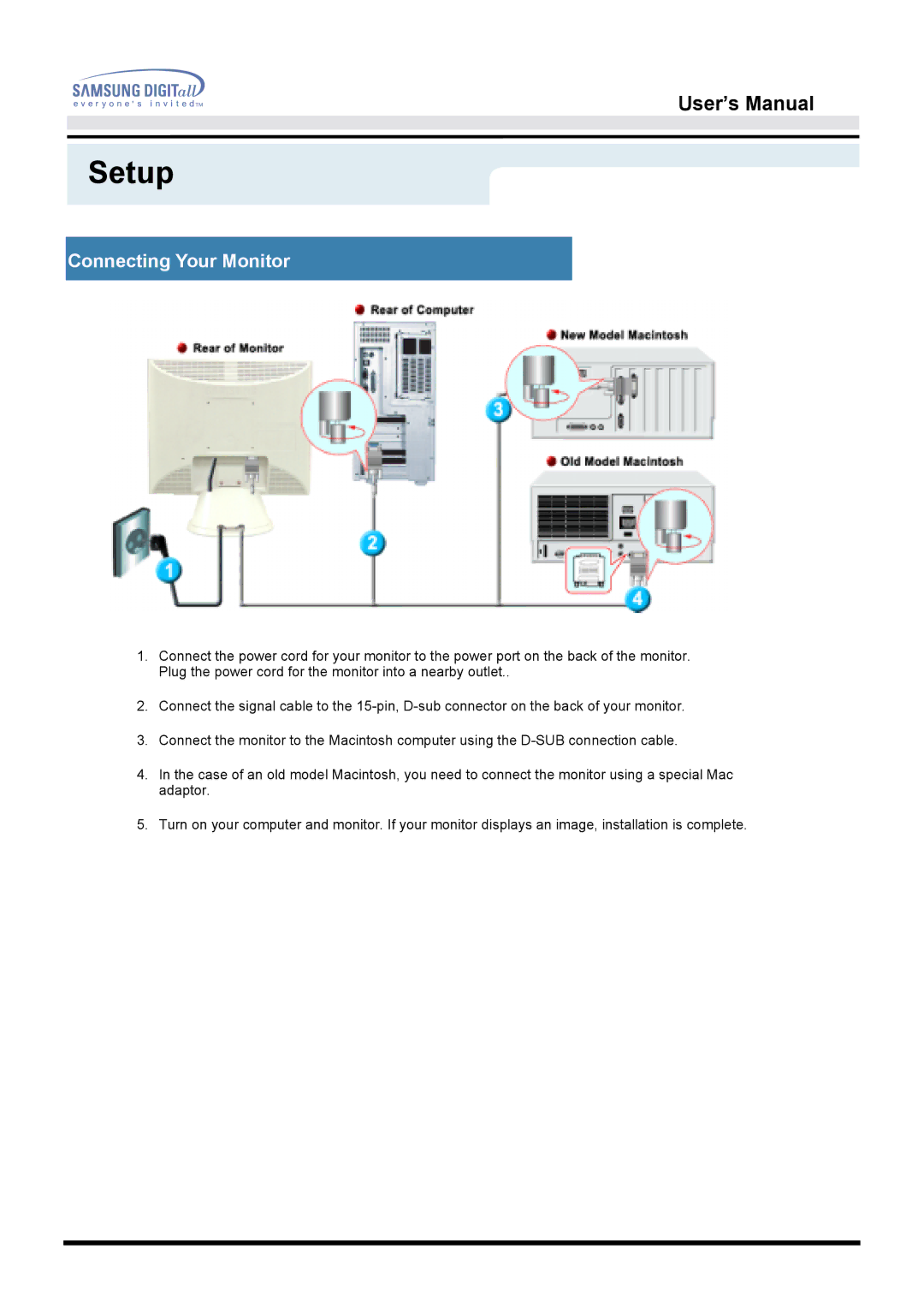 Samsung 153V manual Setup, Connecting Your Monitor 