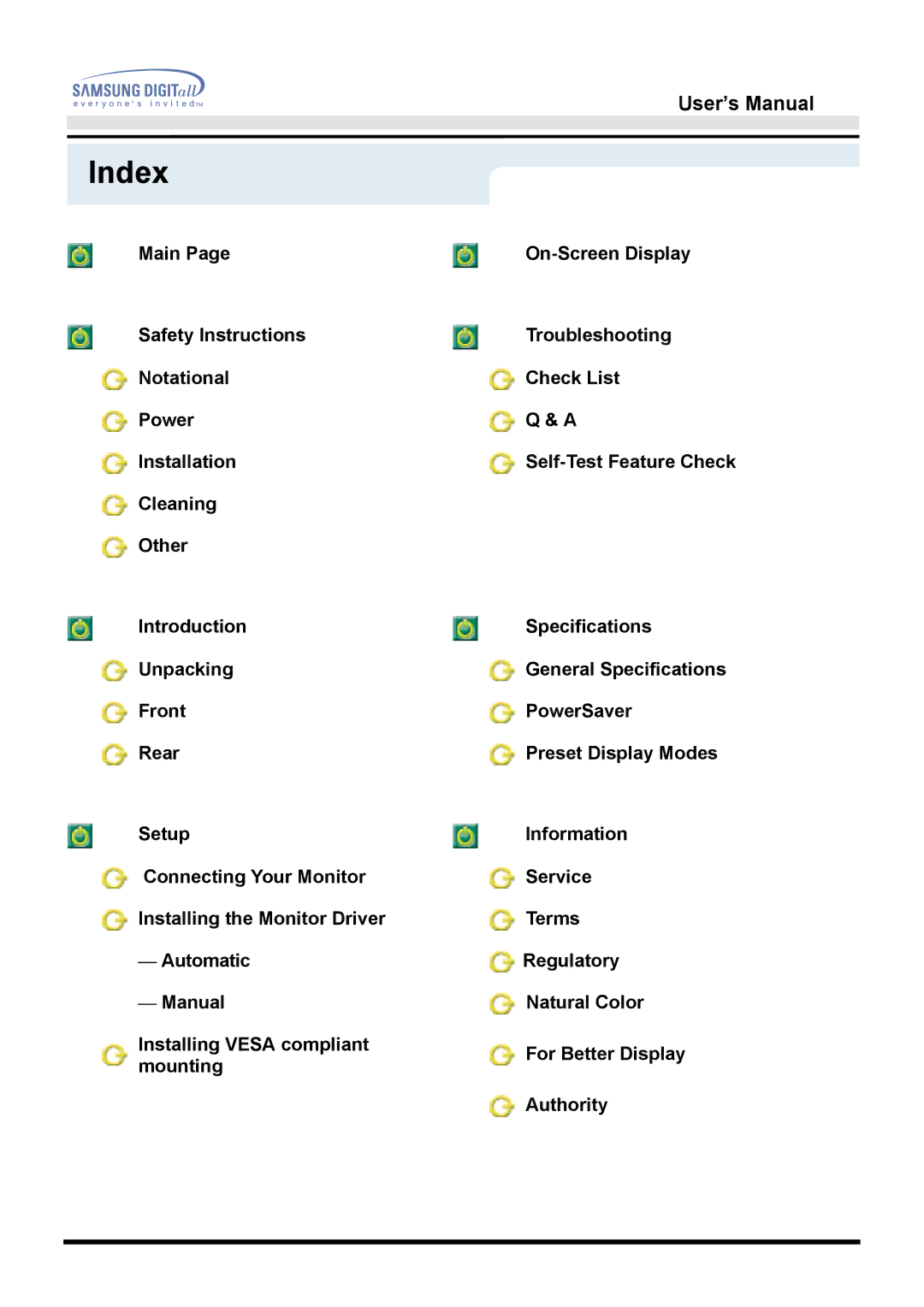 Samsung 153V manual Index 