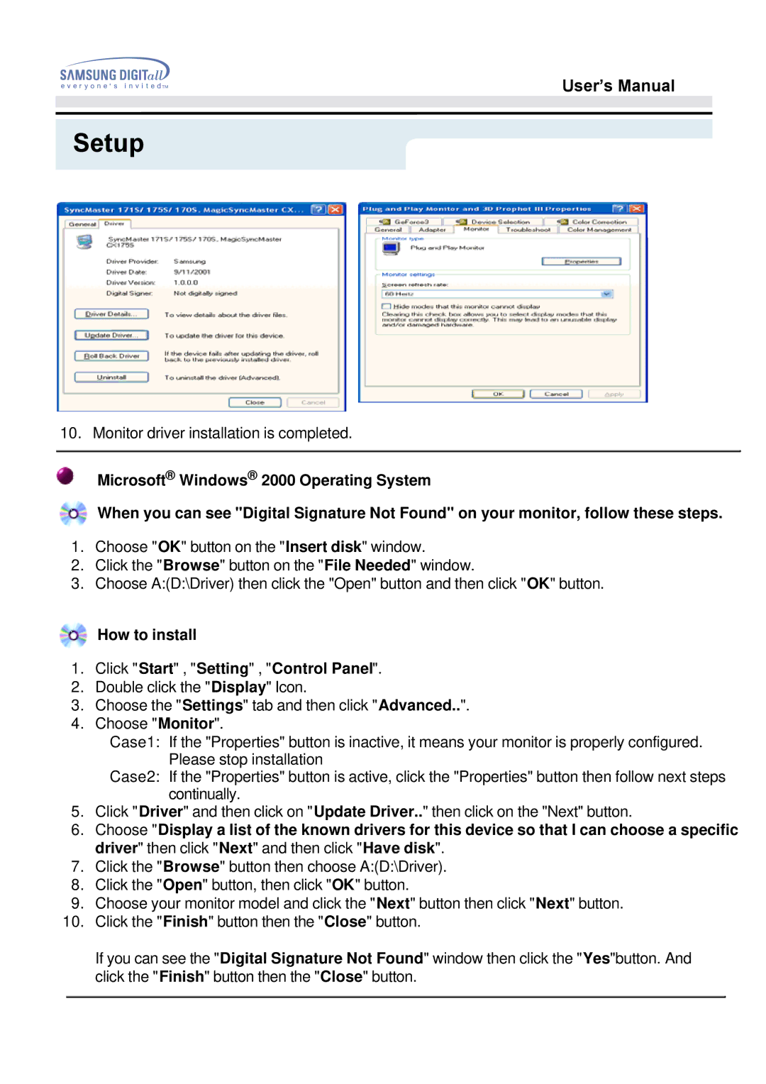 Samsung 153V manual How to install Click Start , Setting , Control Panel 