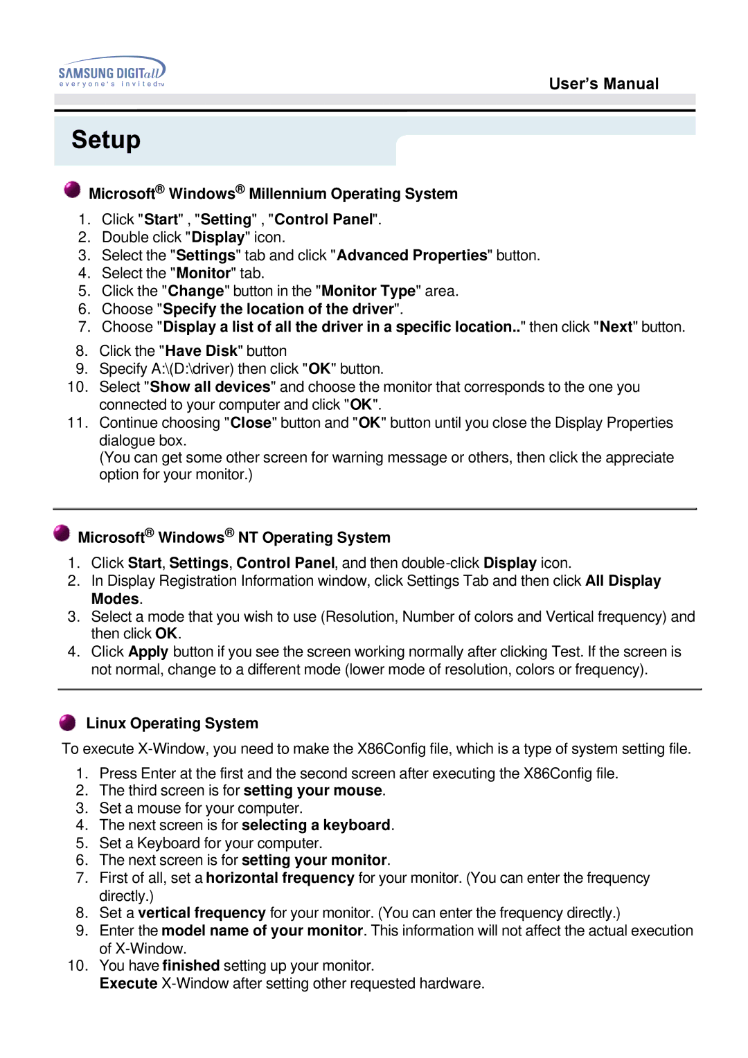 Samsung 153V manual Microsoft Windows NT Operating System 