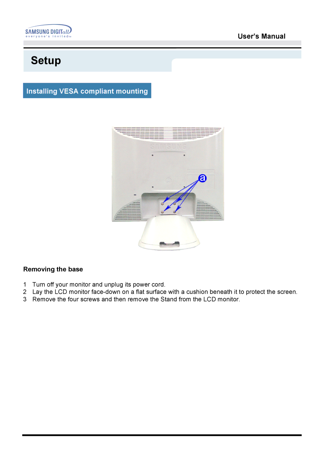 Samsung 153V manual Installing Vesa compliant mounting 