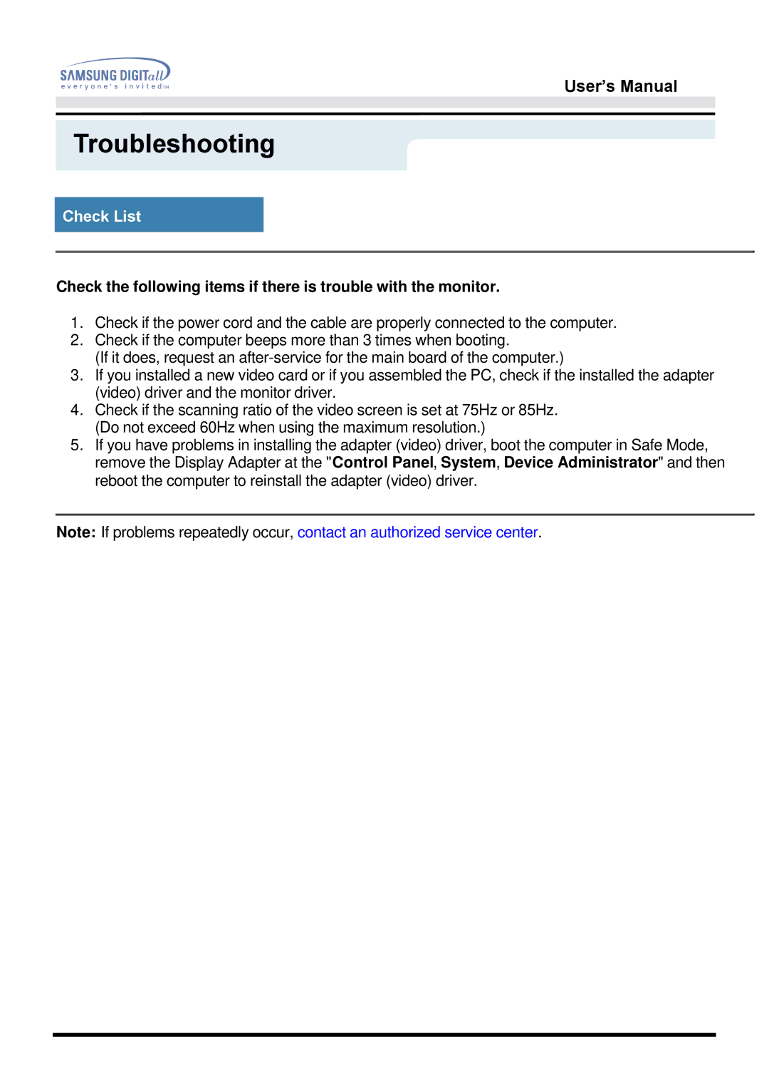 Samsung 153V manual Troubleshooting 