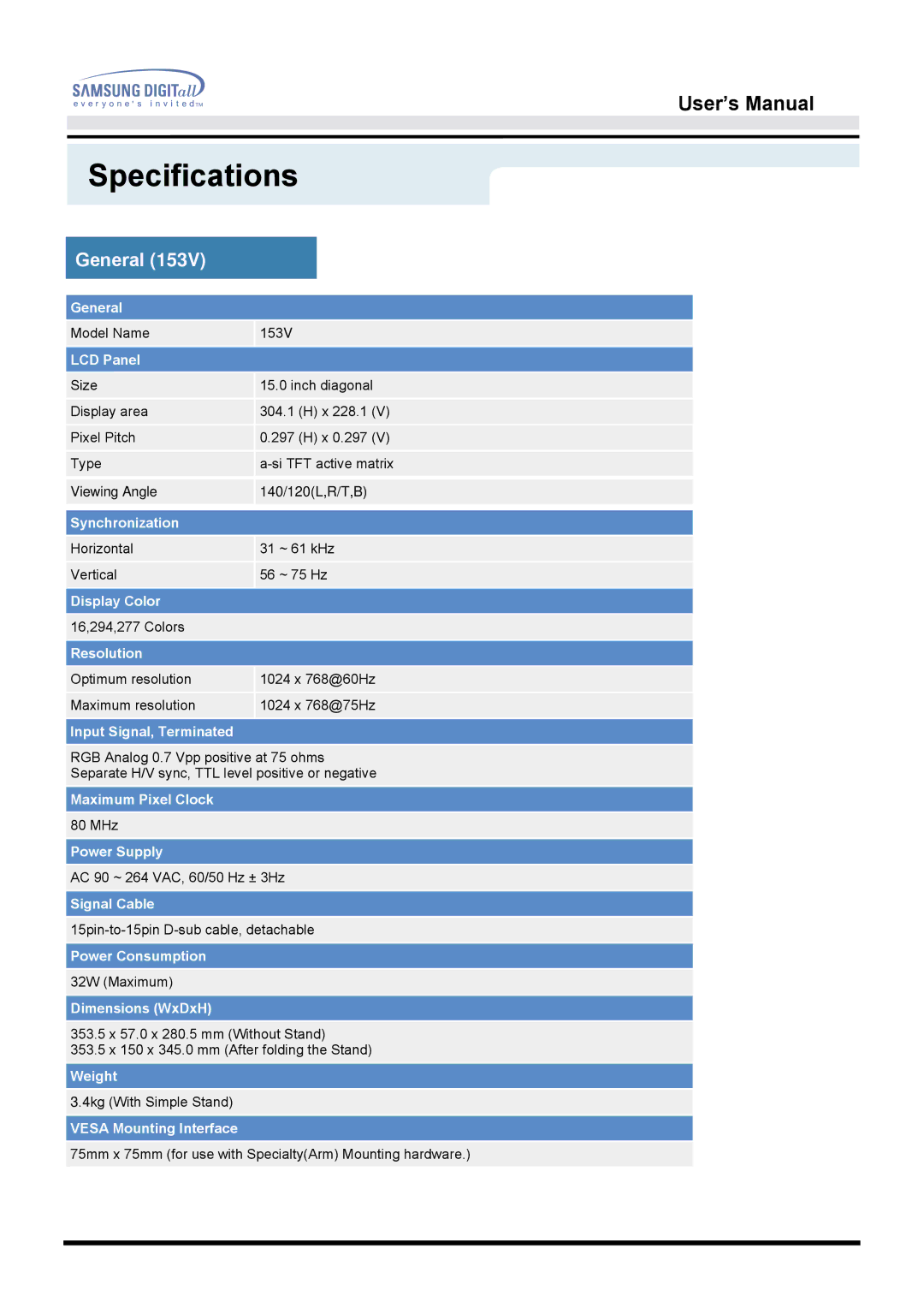 Samsung 153V manual Specifications, General 