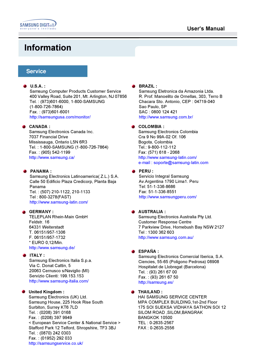 Samsung 153V manual Information, SeService 