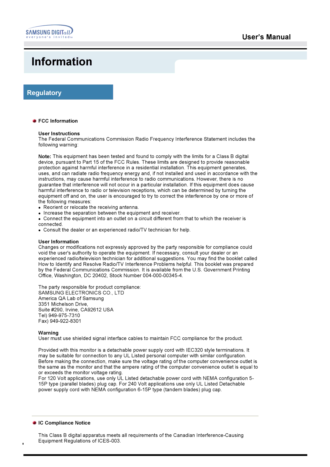 Samsung 153V manual Regulatory, FCC Information User Instructions, User Information, IC Compliance Notice 