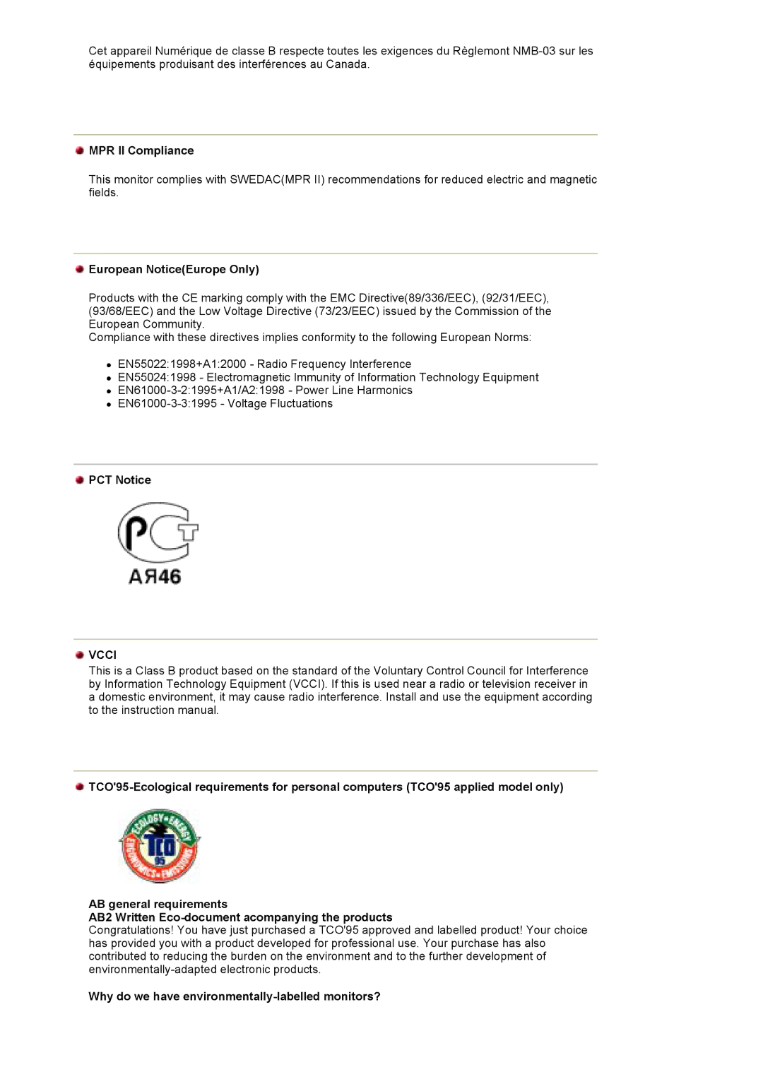 Samsung 153V MPR II Compliance, European NoticeEurope Only, PCT Notice, Why do we have environmentally-labelled monitors? 