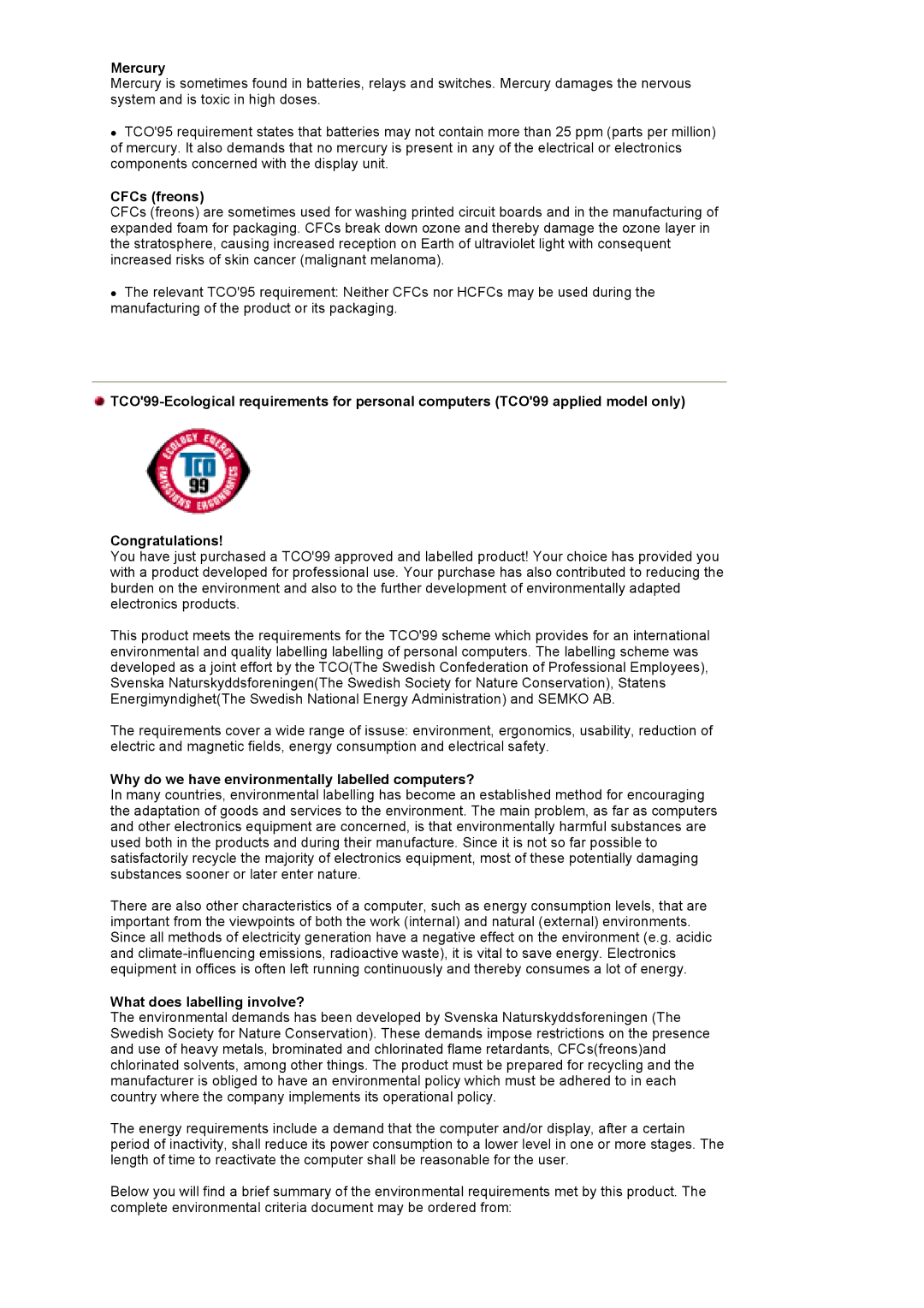 Samsung 153V manual Mercury, CFCs freons, Why do we have environmentally labelled computers? 