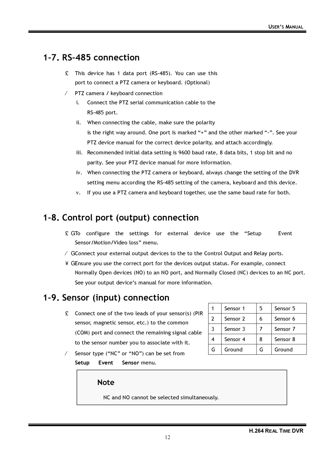 Samsung 16-8900 user manual RS-485 connection, Control port output connection, Sensor input connection 