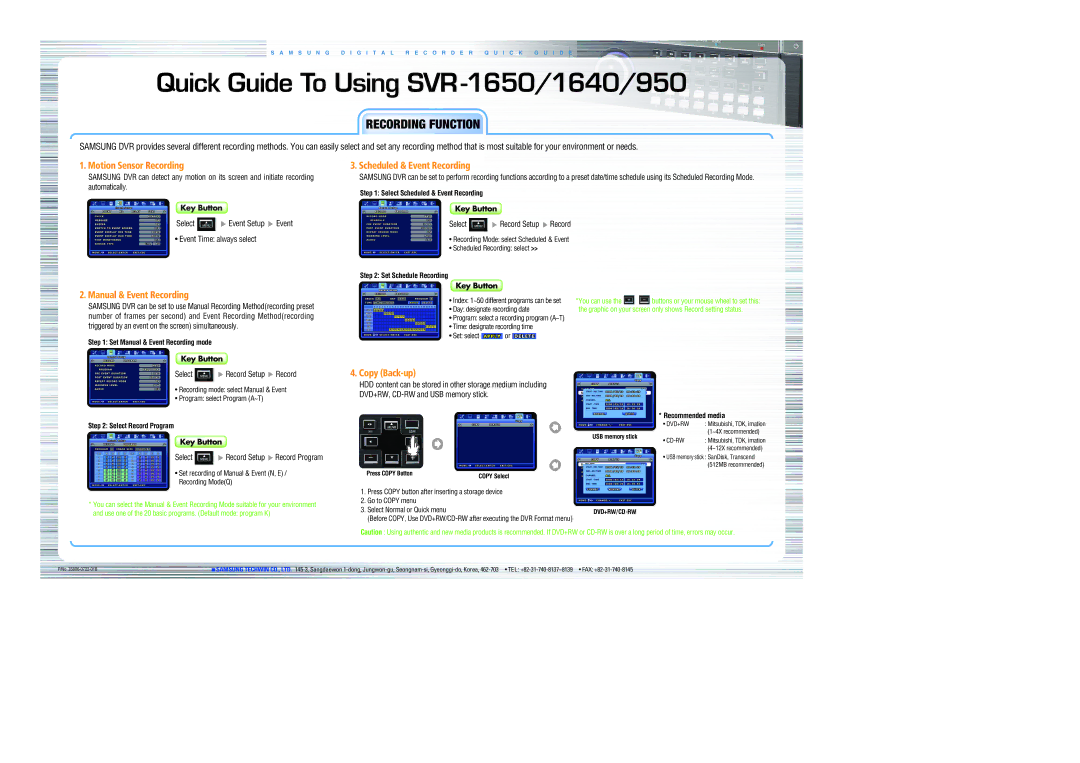 Samsung SVR-1650, 1640, 950 user manual Motion Sensor Recording, Manual & Event Recording, Copy Back-up 