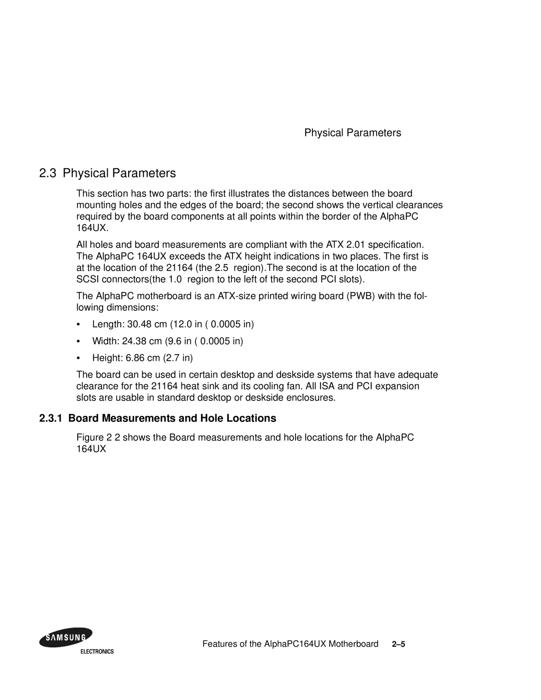 Samsung 164BX user manual Physical Parameters, Board Measurements and Hole Locations 