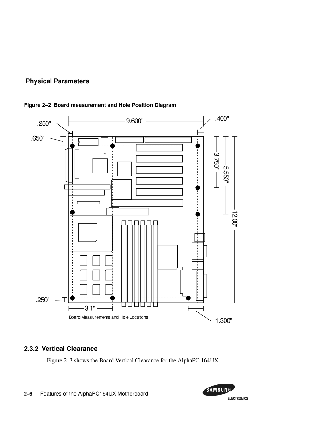 Samsung 164BX 3shows the Board Vertical Clearance for the AlphaPC 164UX, Board measurement and Hole Position Diagram 