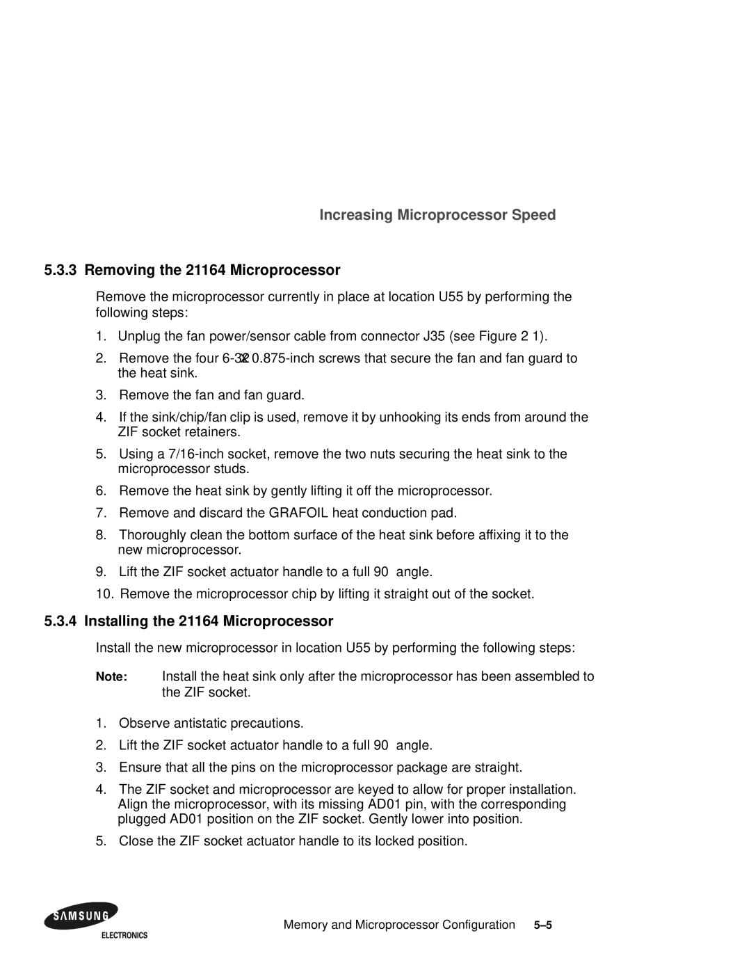 Samsung 164BX user manual Removing the 21164 Microprocessor, Installing the 21164 Microprocessor 