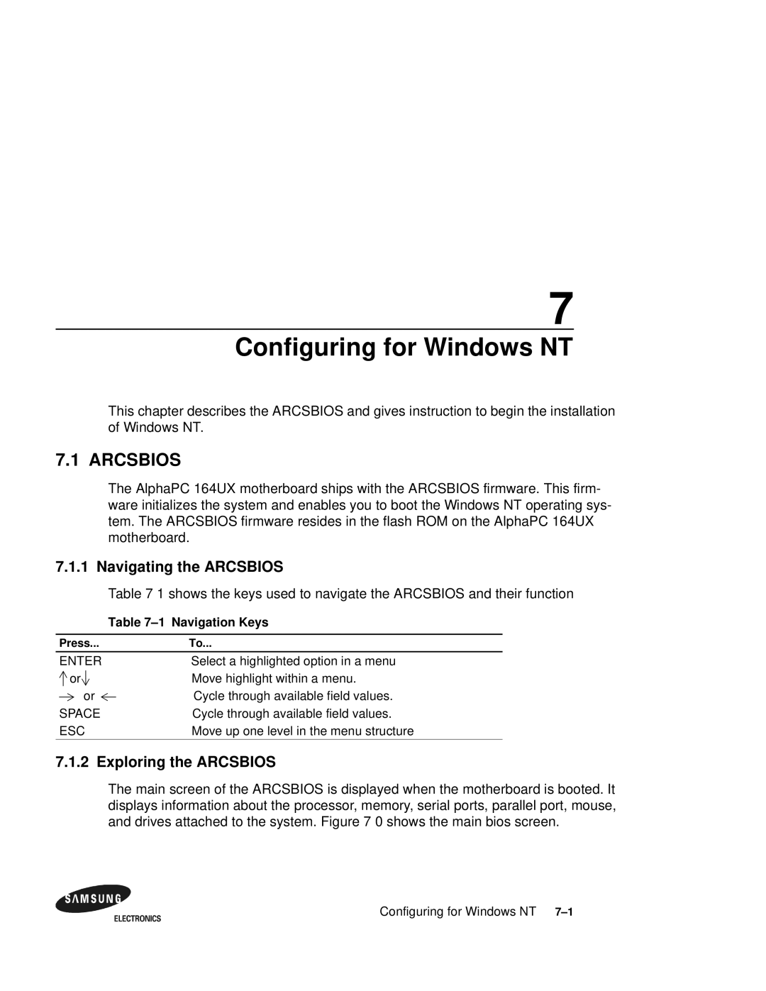 Samsung 164BX user manual Configuring for Windows NT, Navigating the Arcsbios, Exploring the Arcsbios, Navigation Keys 