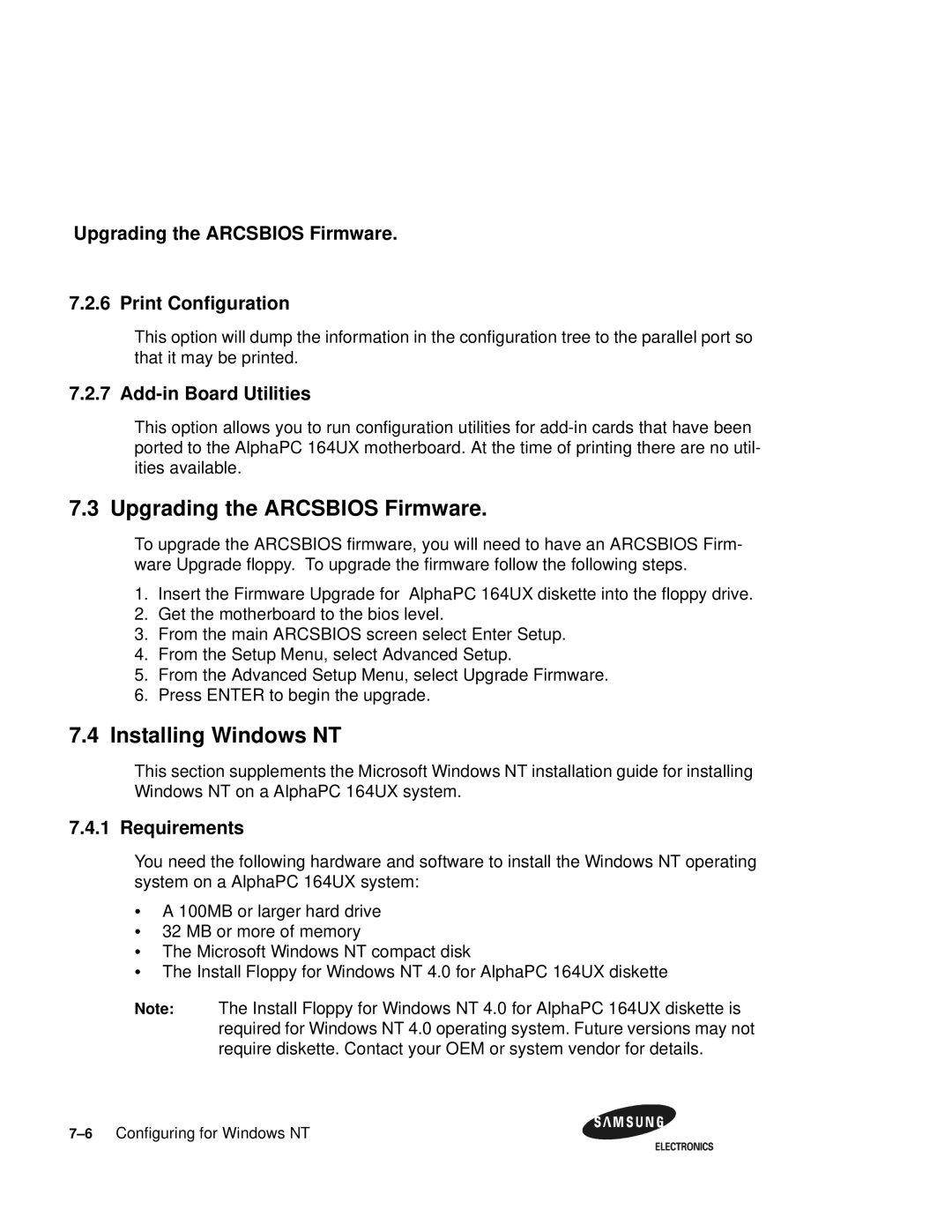 Samsung 164BX Installing Windows NT, Upgrading the Arcsbios Firmware Print Configuration, Add-in Board Utilities 