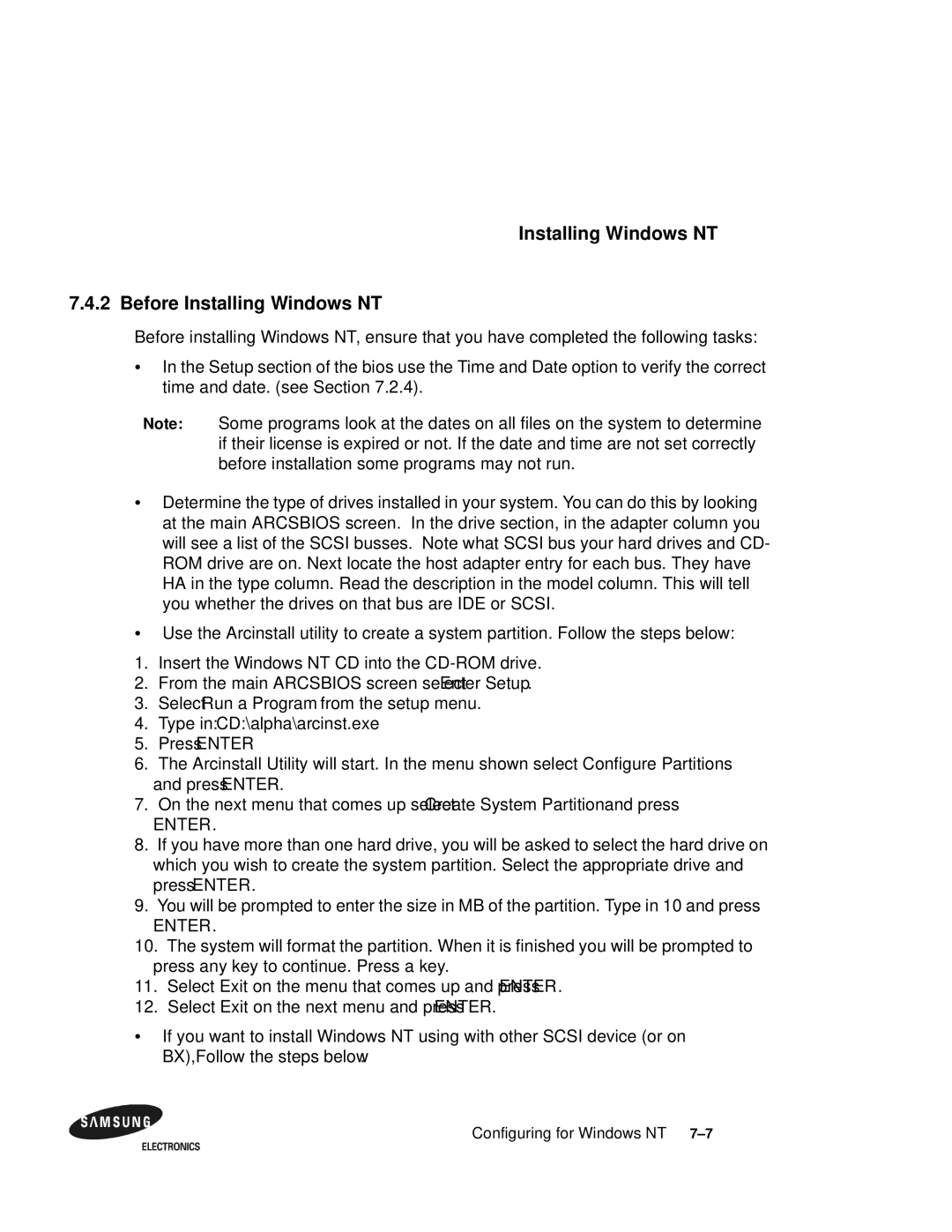 Samsung 164BX user manual Installing Windows NT Before Installing Windows NT, Type in CD\alpha\arcinst.exe 