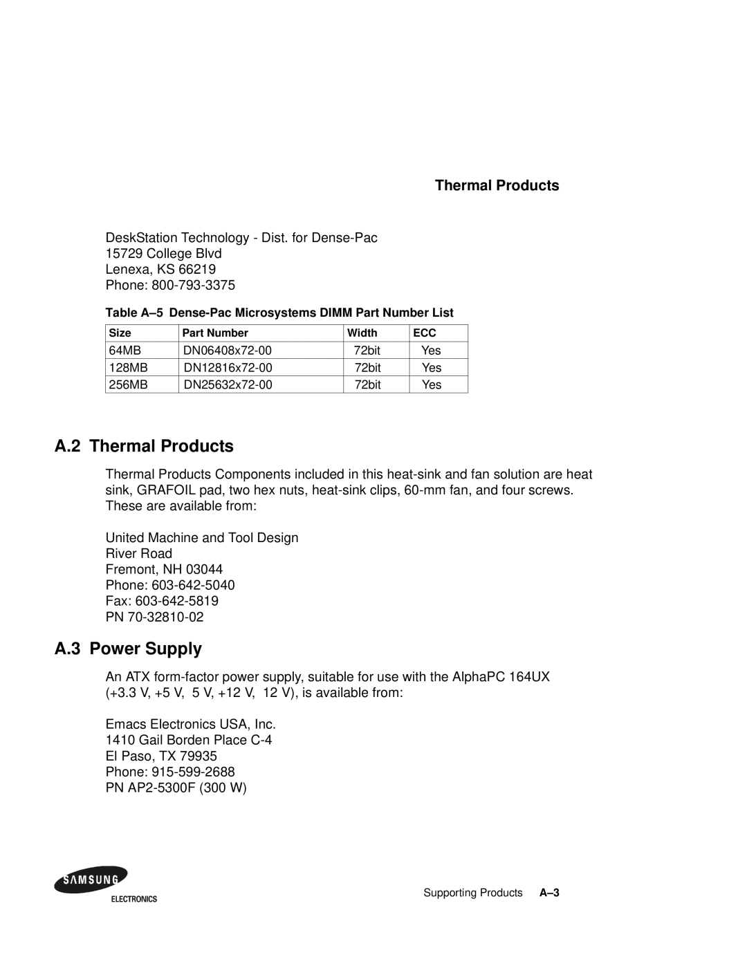 Samsung 164BX user manual Thermal Products, Power Supply, Table A-5 Dense-Pac Microsystems Dimm Part Number List 