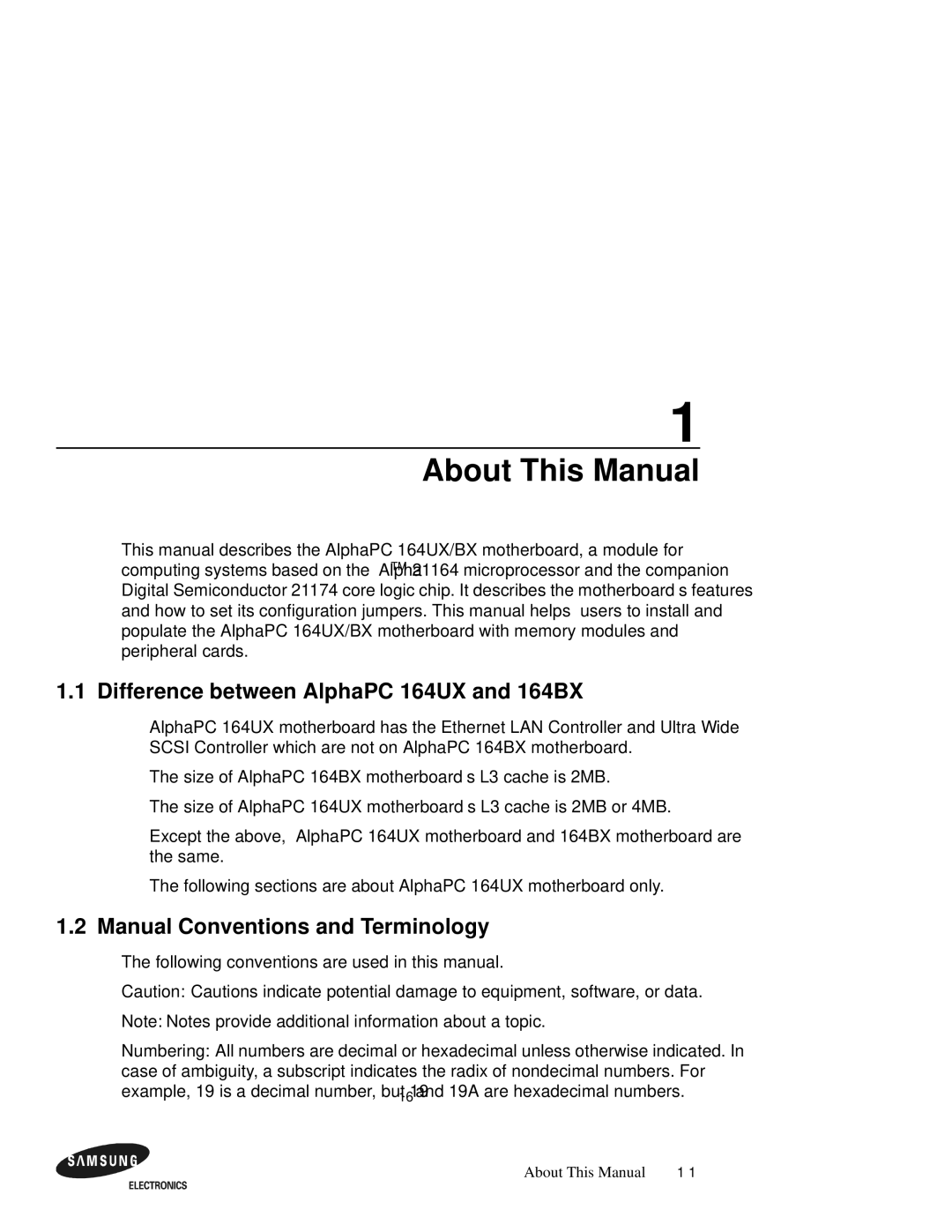 Samsung user manual About This Manual, Difference between AlphaPC 164UX and 164BX, Manual Conventions and Terminology 