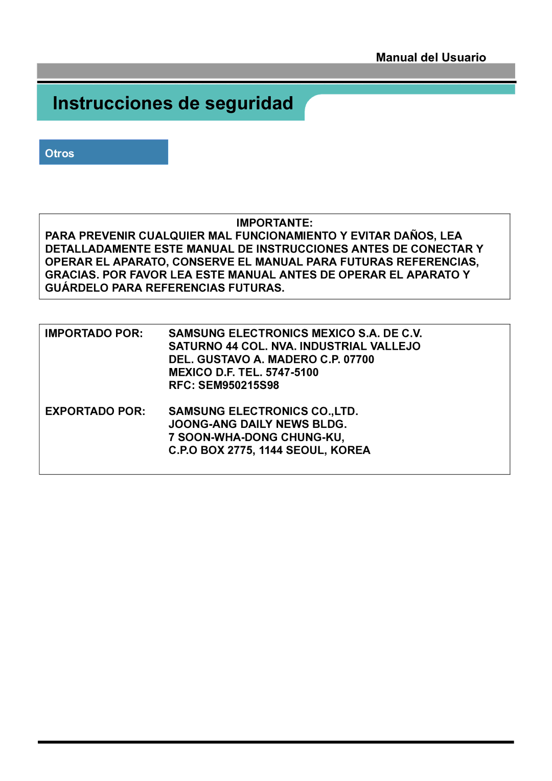 Samsung 170S manual Mexico D.F. TEL, RFC SEM950215S98, O BOX 2775, 1144 SEOUL, Korea 