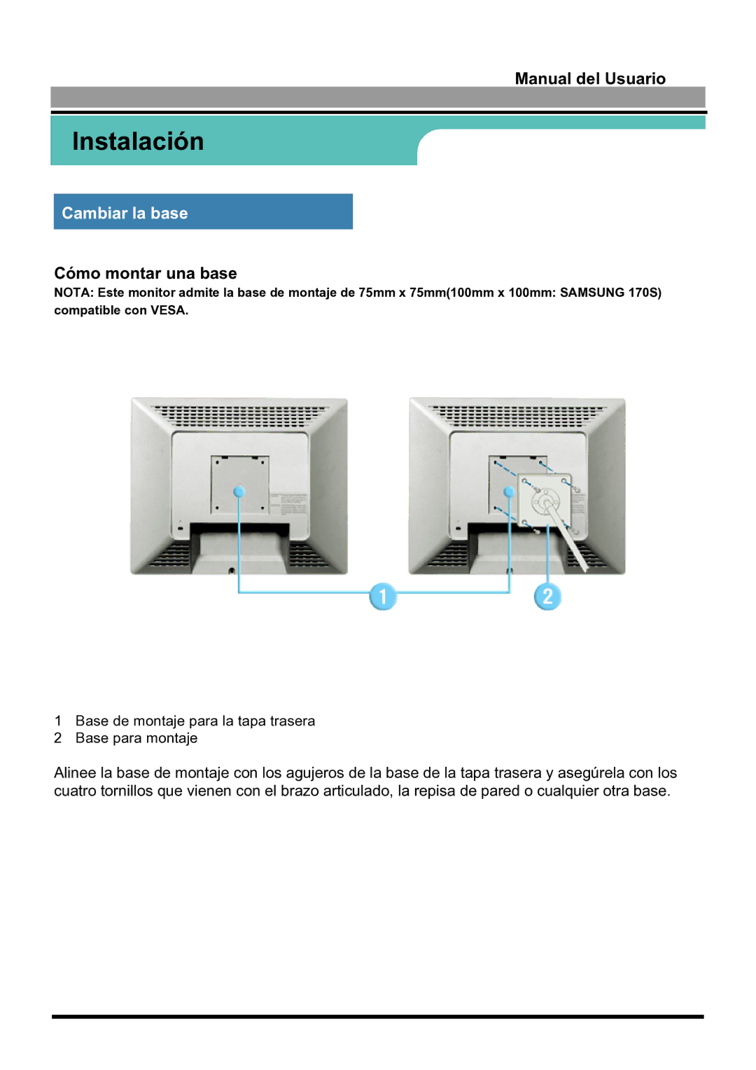 Samsung 170S manual Cómo montar una base 