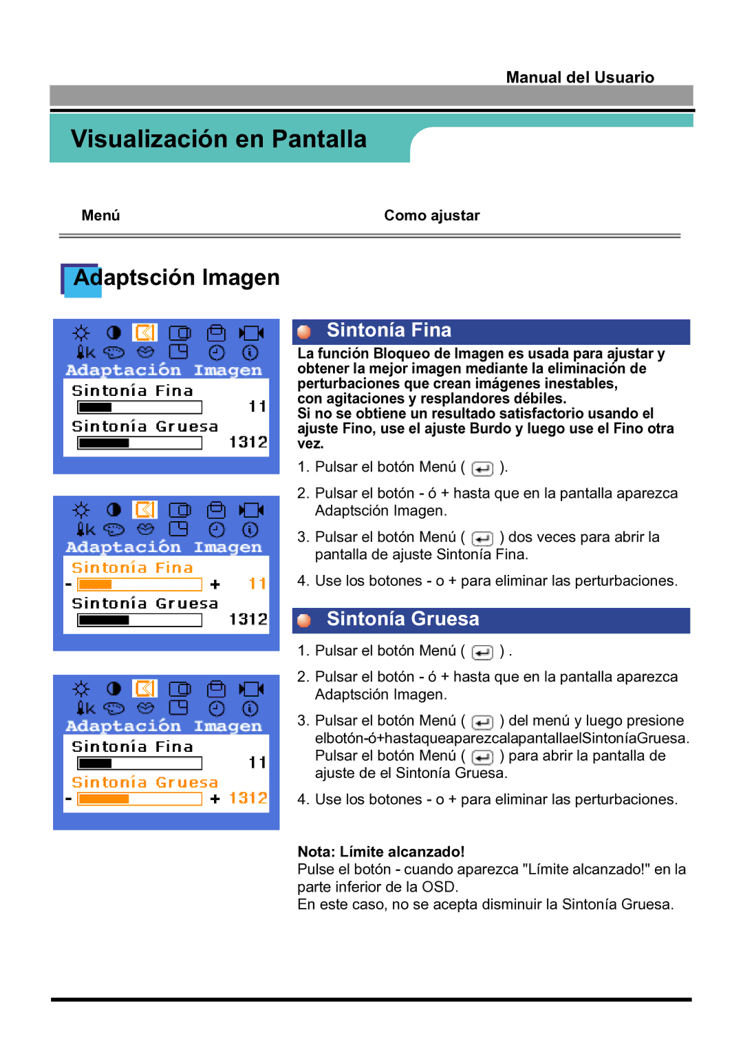 Samsung 170S manual Sintonía Fina, Sintonía Gruesa, Nota Límite alcanzado 