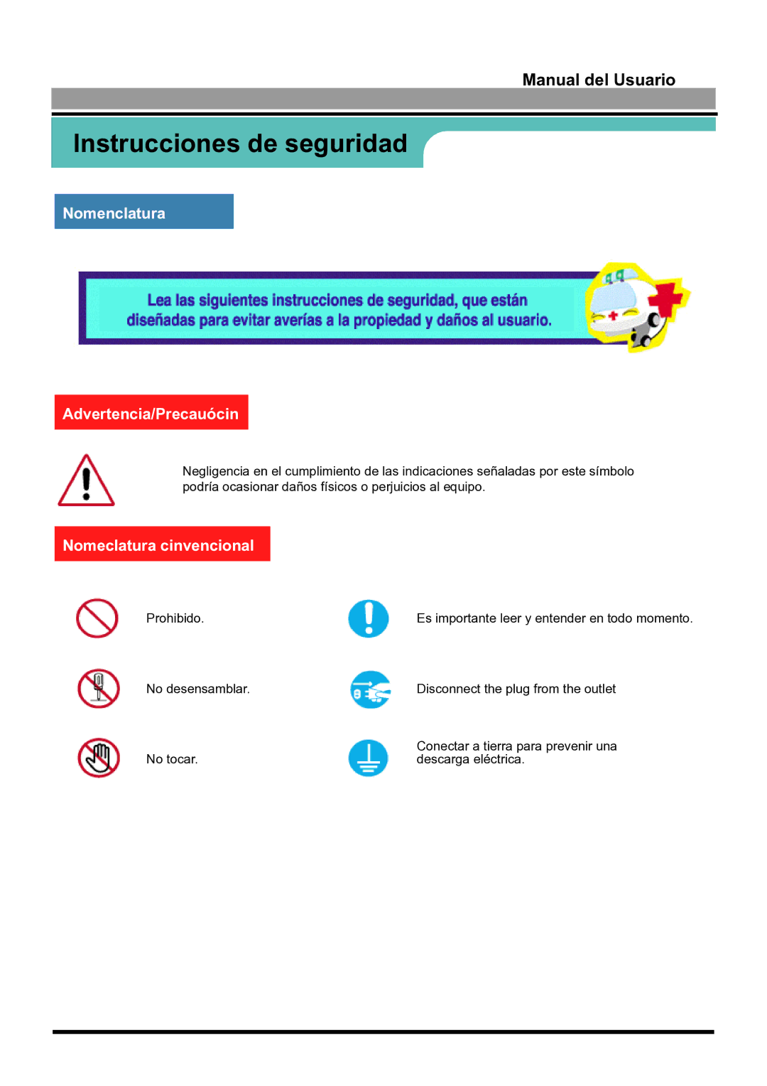 Samsung 170S manual Instrucciones de seguridad, Nomenclatura Advertencia/Precauócin, Nomeclatura cinvencional 