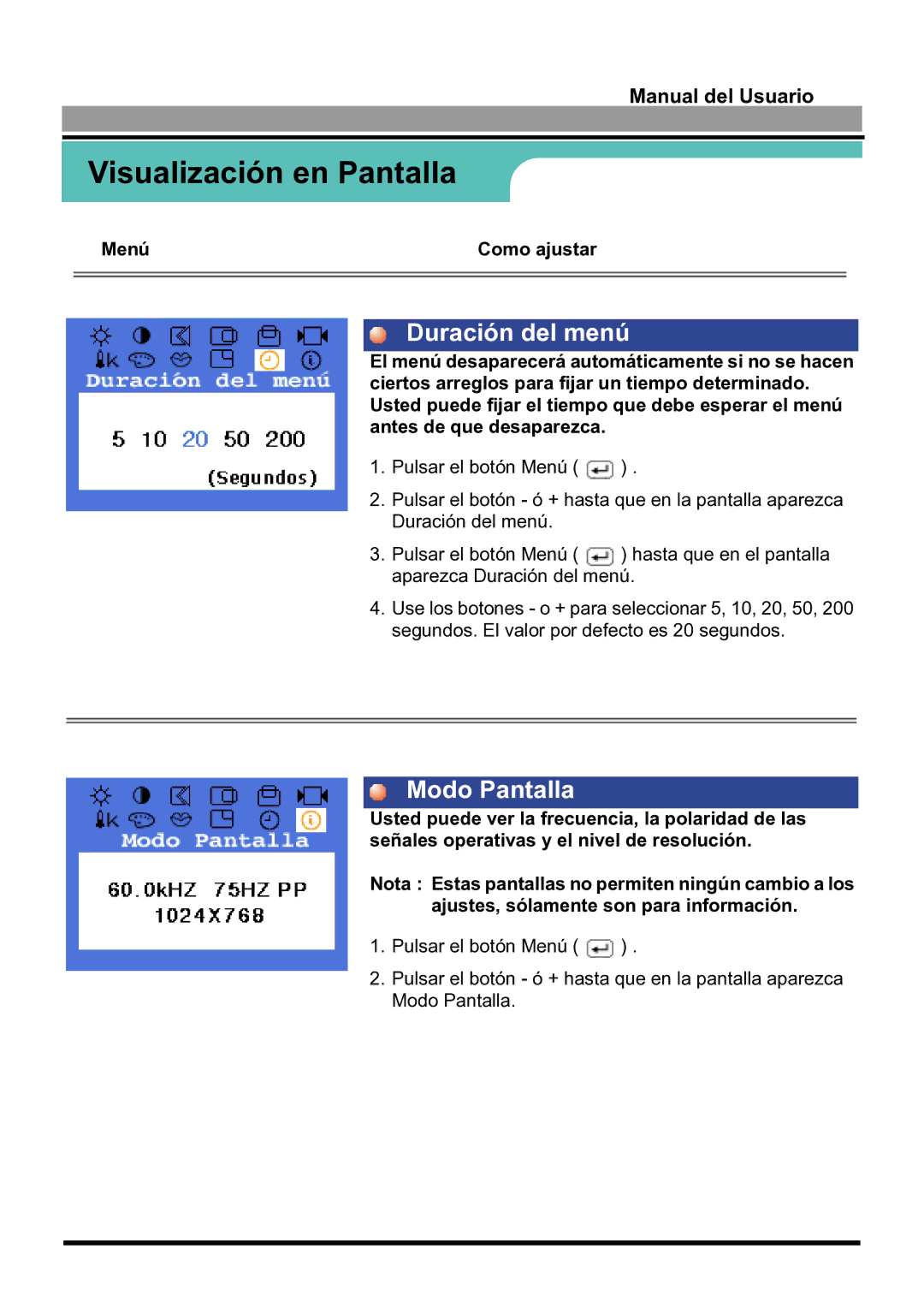 Samsung 170S manual Duración del menú, Modo Pantalla 