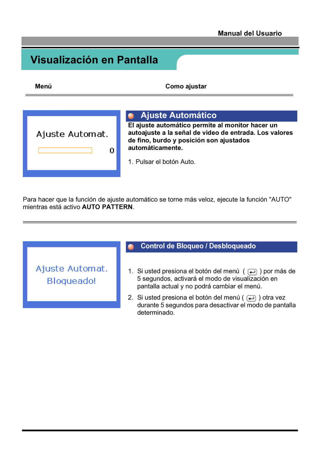 Samsung 170S manual Ajuste Automático, Control de Bloqueo / Desbloqueado 